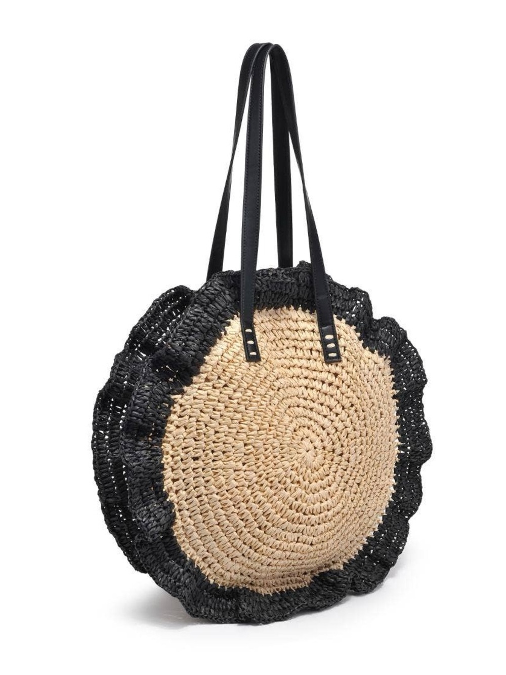 NWT Woven Round Straw Tote with Black Trim and Straps